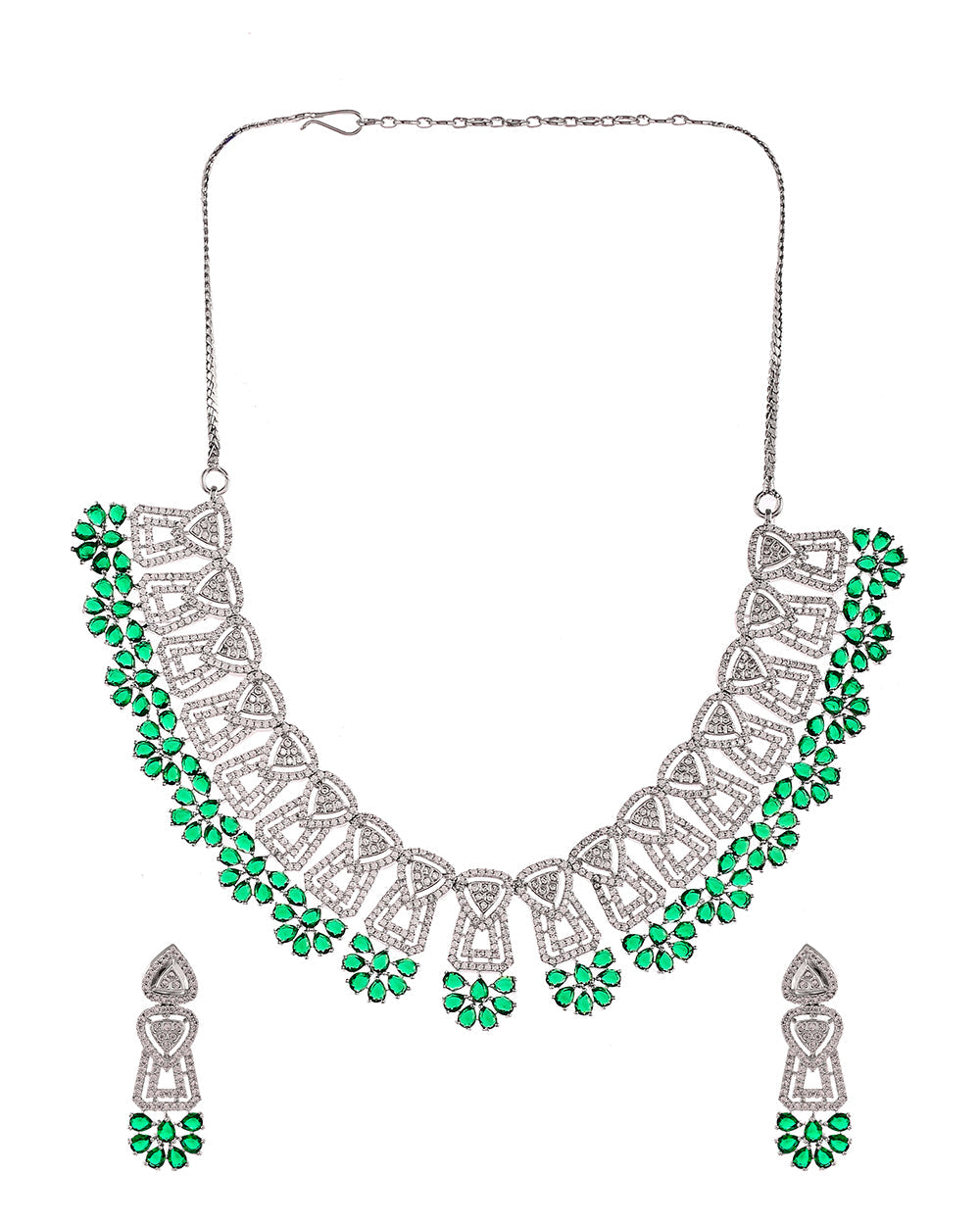 Women's Green And White Triangle Cut Cz Adorned Brass Silver Plated Jewellery Set - Voylla