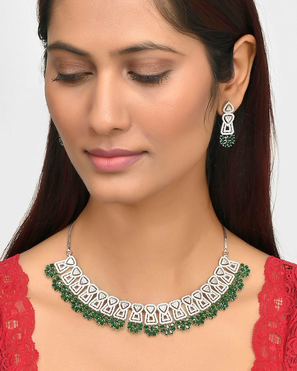 Women's Green And White Triangle Cut Cz Adorned Brass Silver Plated Jewellery Set - Voylla