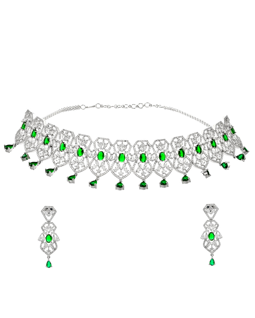 Women's Green And White Zircons Jewellery Set - Voylla