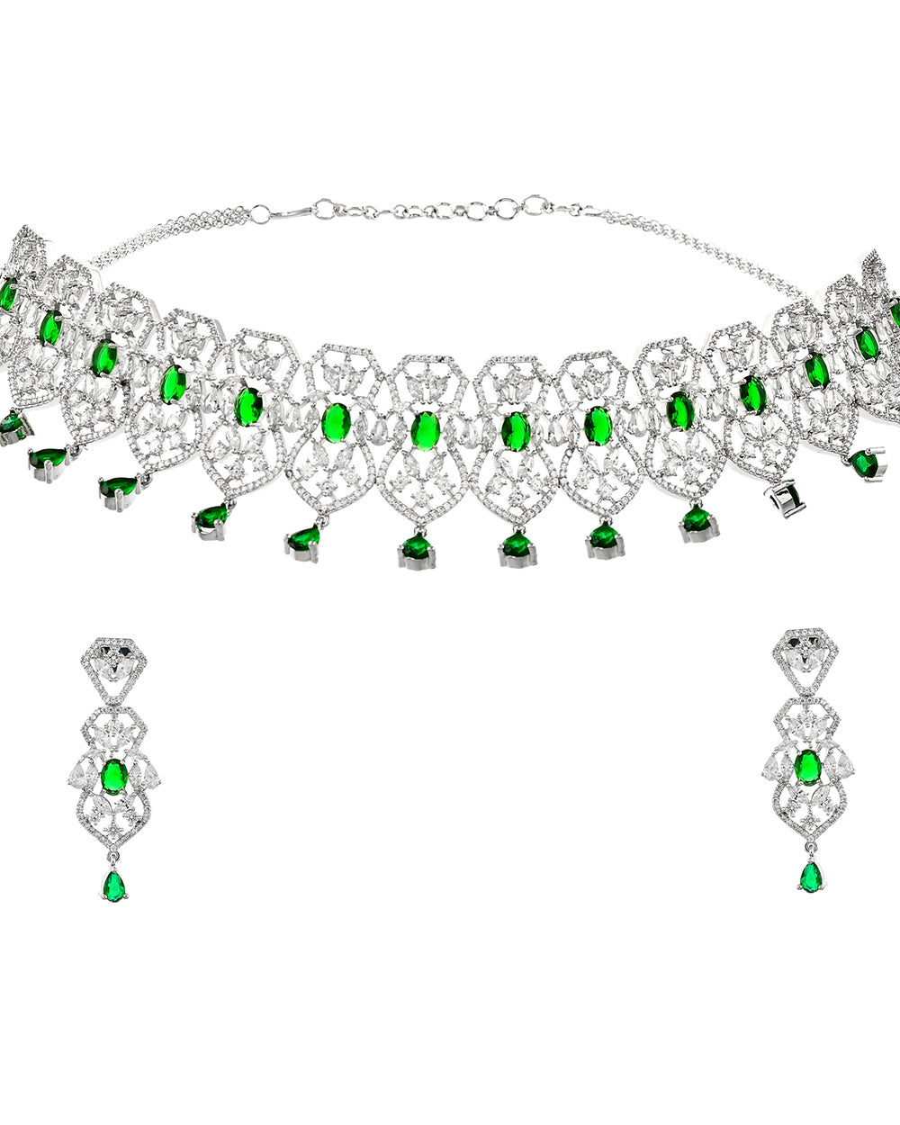 Women's Green And White Zircons Jewellery Set - Voylla