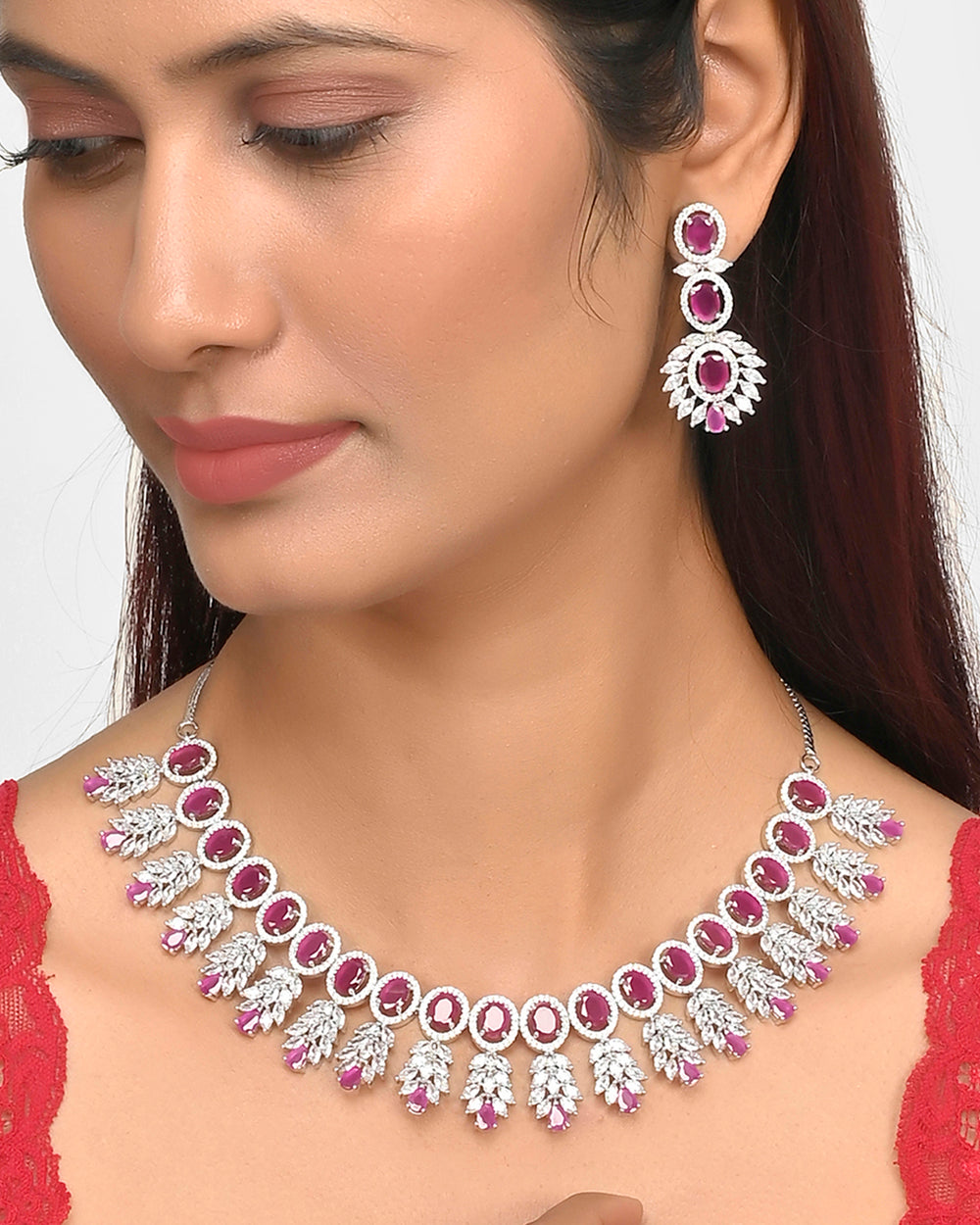 Women's Round And Teardrop Cut Cz Embellished Silver Plated Brass Jewellery Set - Voylla