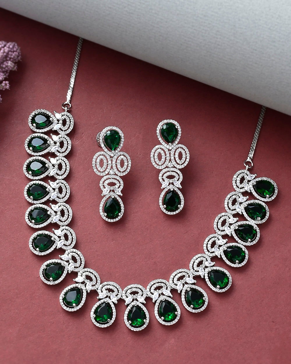Women's Sparkling Elegance Green Teardrop Zircons Jewellery Set - Voylla