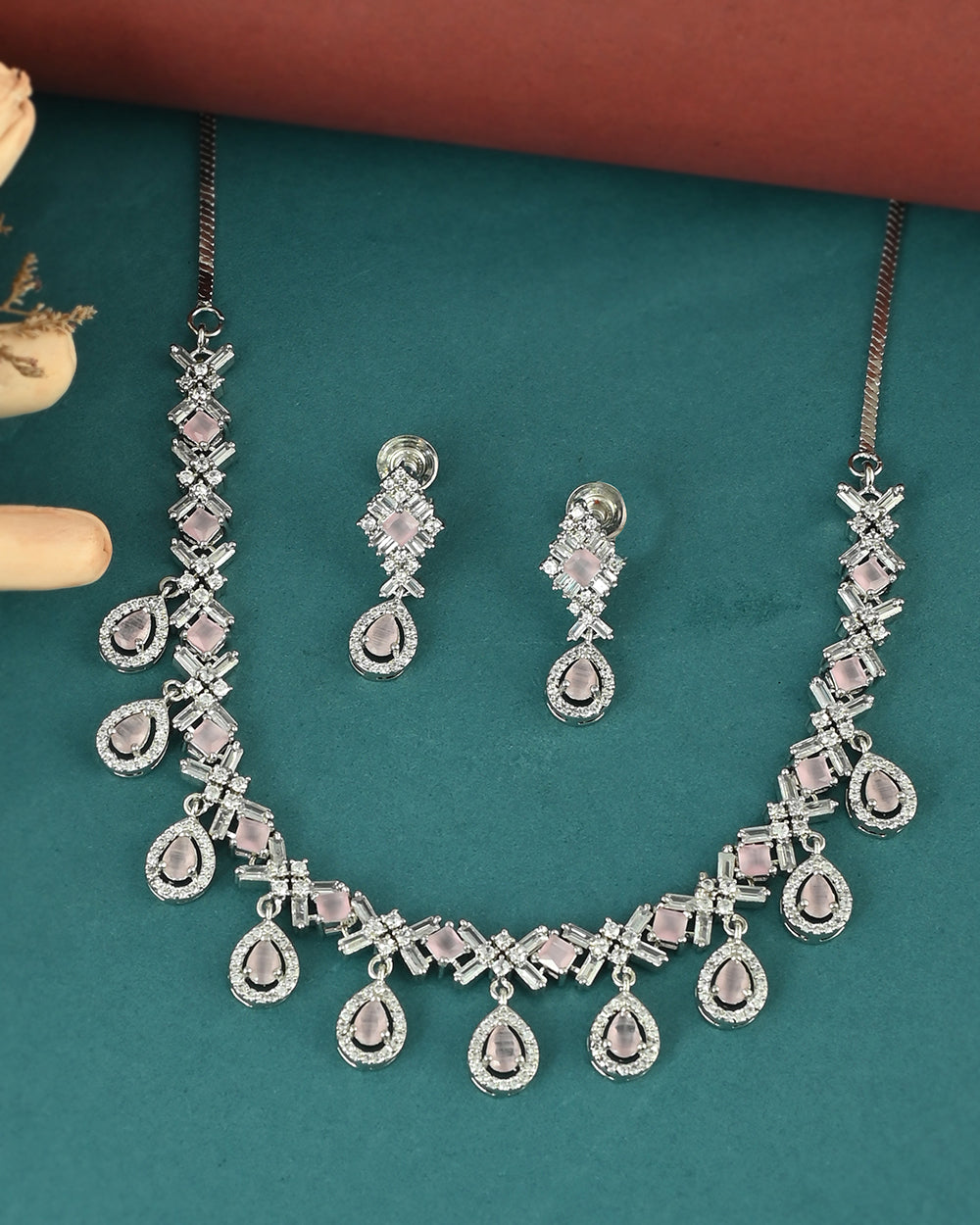 Women's Sparkling Elegance Pink Gems Jewellery Set - Voylla