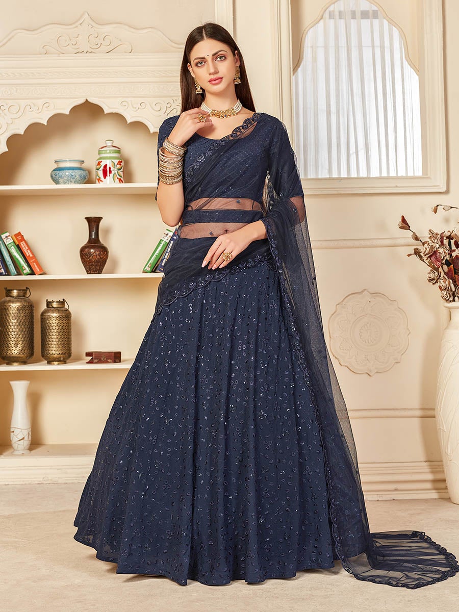 Women's Navy Blue Georgette Embroidered Lehenga-Myracouture