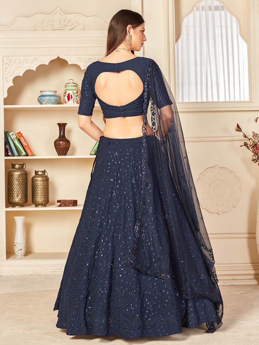 Women's Navy Blue Georgette Embroidered Lehenga-Myracouture