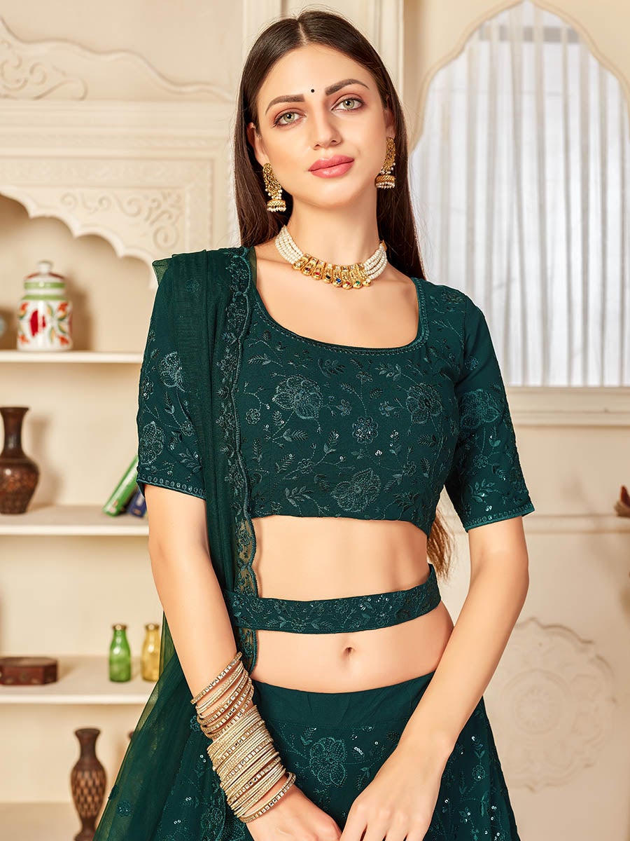 Women's Green Georgette Embroidered Lehenga-Myracouture