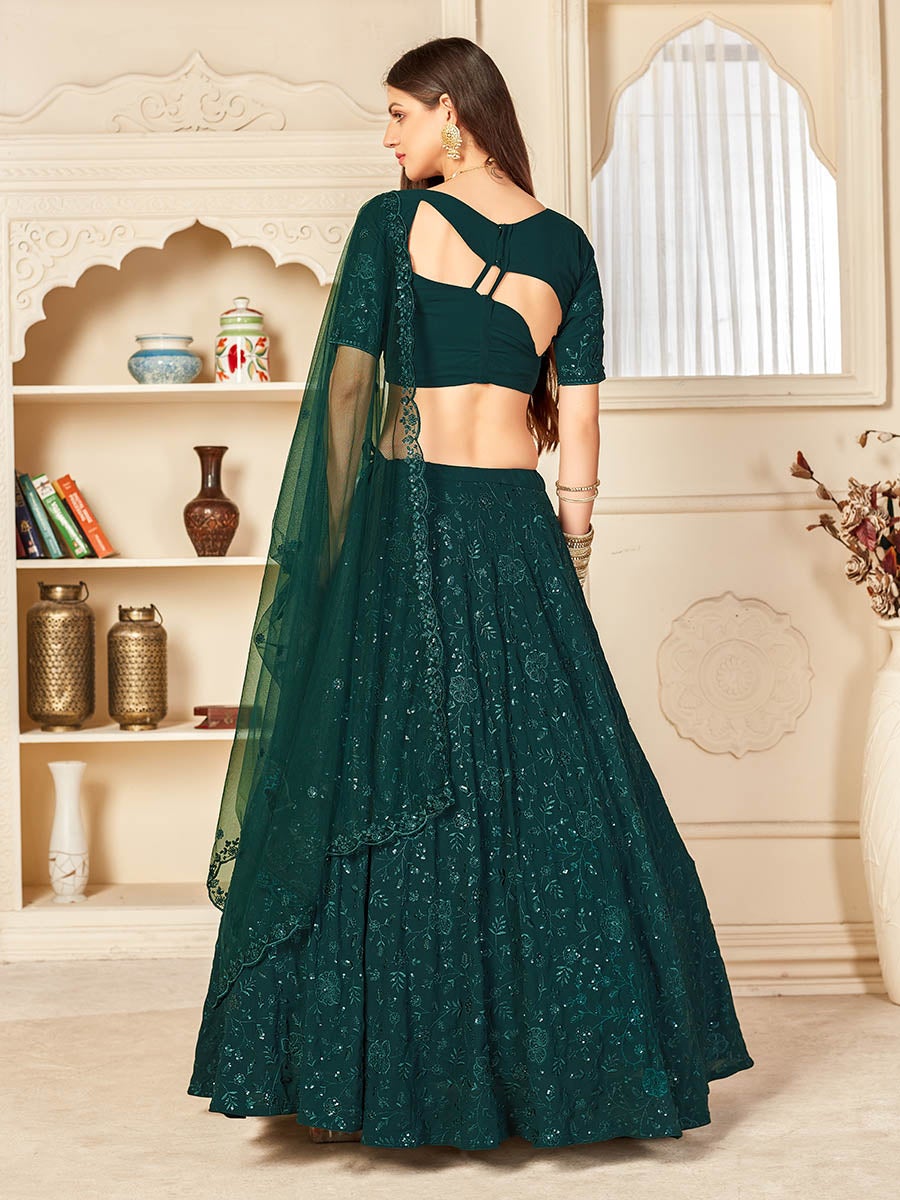 Women's Green Georgette Embroidered Lehenga-Myracouture