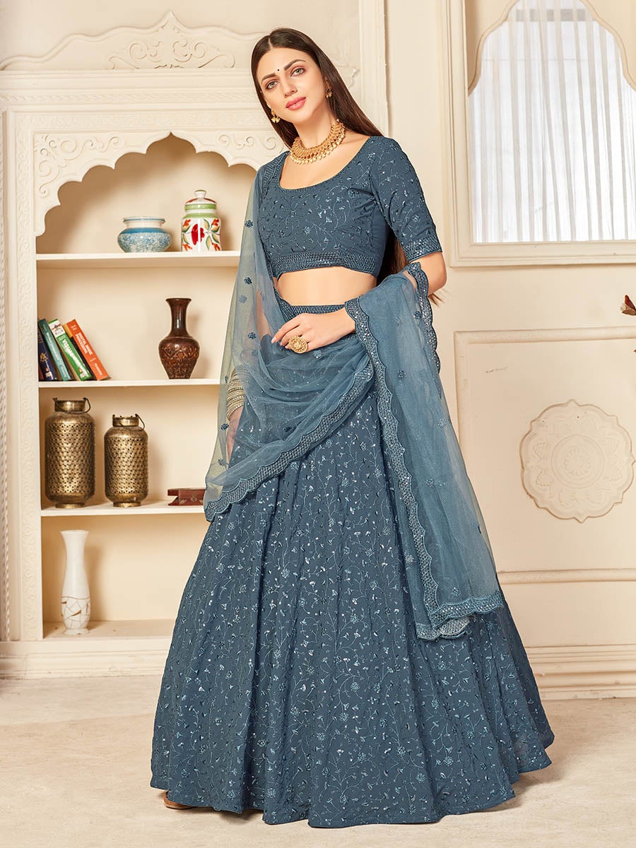 Women's Grey Georgette Embroidered Lehenga-Myracouture
