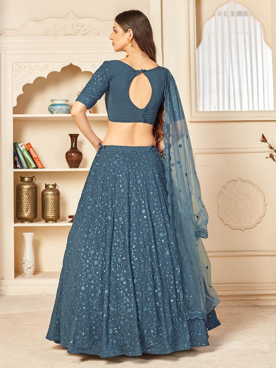 Women's Grey Georgette Embroidered Lehenga-Myracouture