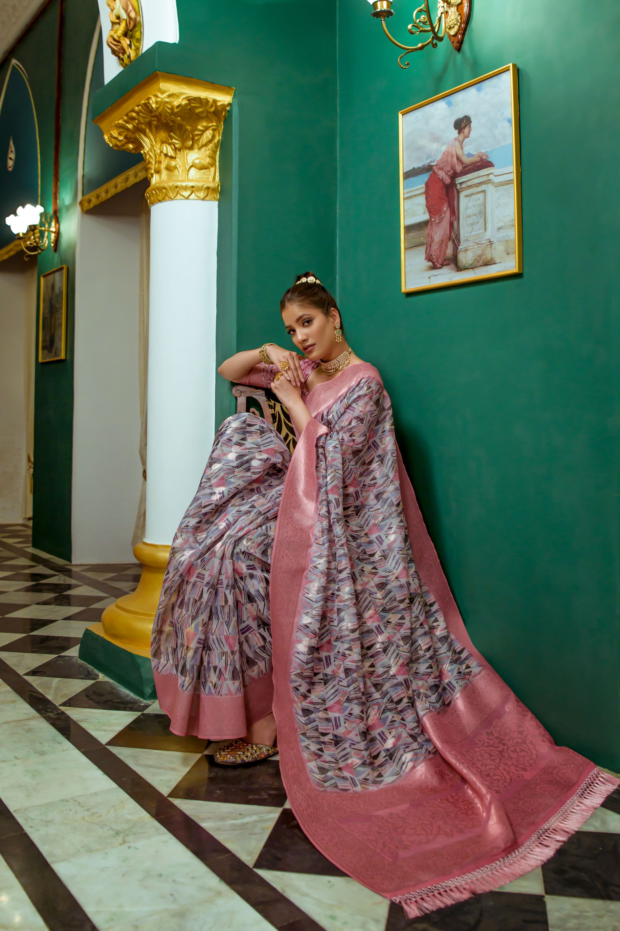 Women's Pink Printed Woven cotton organza Saree with Tassels - Vishnu Weaves