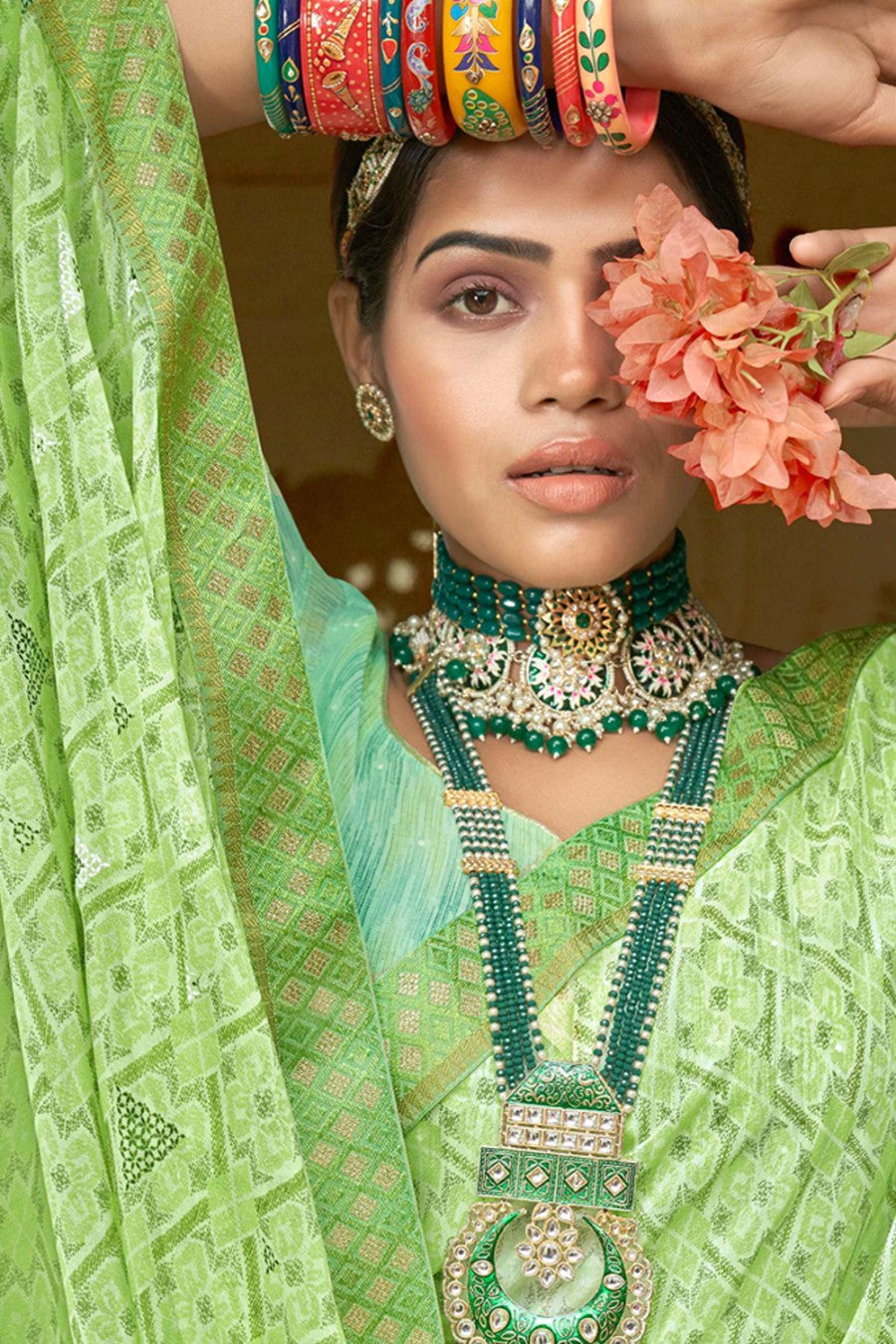 Women's Fern Green Georgette Saree - Karagiri