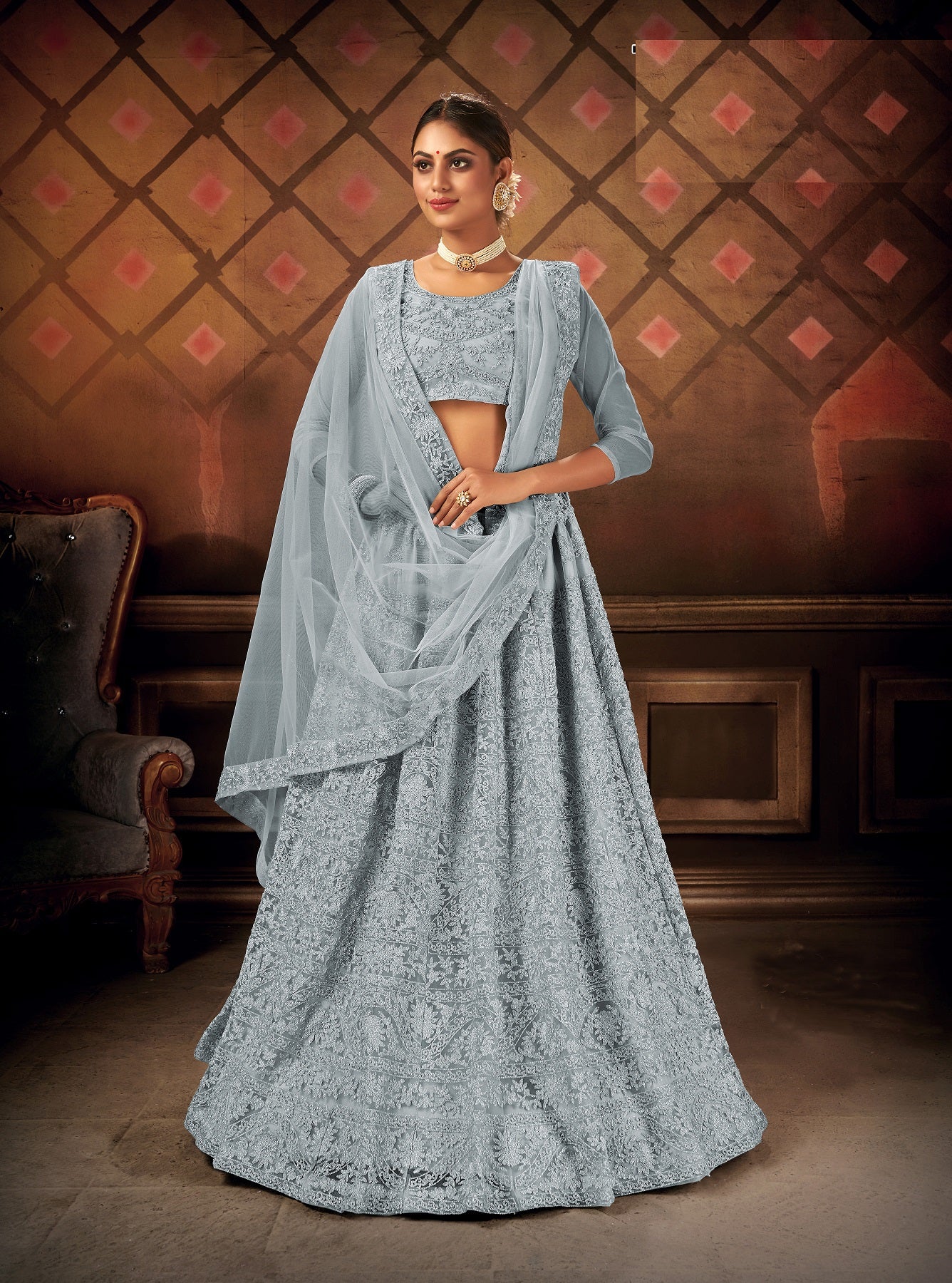 Women's Grey Net Embroidered Lehenga Choli Set - Dwija Fashion