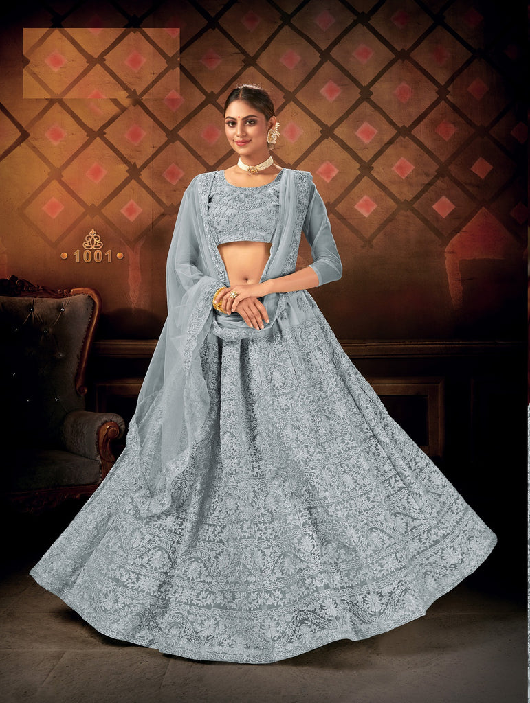 Women's Grey Net Embroidered Lehenga Choli Set