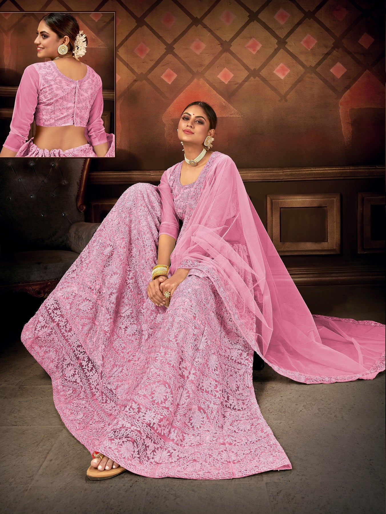 Women's Pink Net Embroidered Lehenga Choli Set - Dwija Fashion