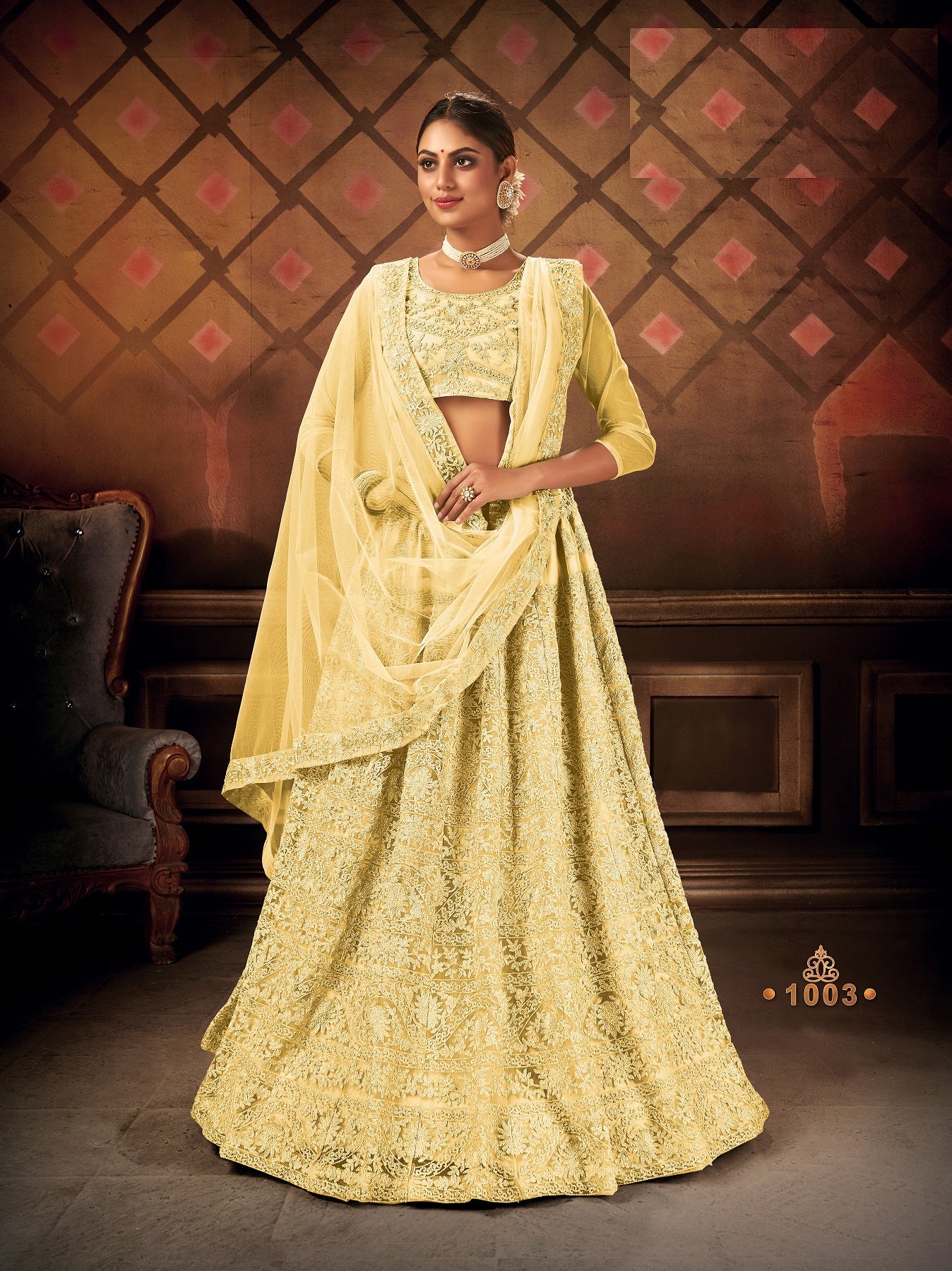 Women's Yellow Net Embroidered Lehenga Choli Set - Dwija Fashion