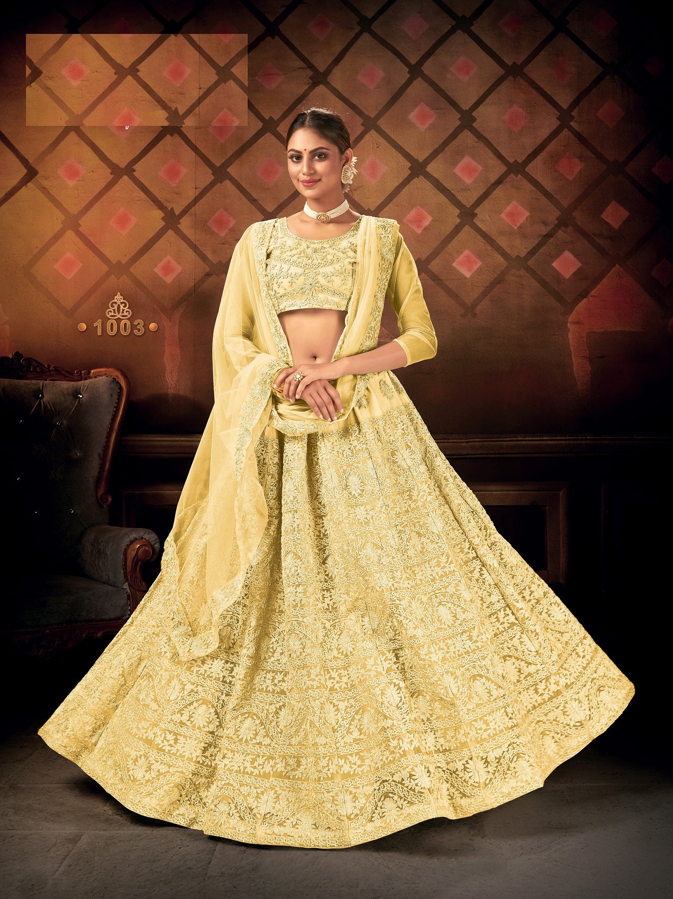 Women's Yellow Net Embroidered Lehenga Choli Set - Dwija Fashion
