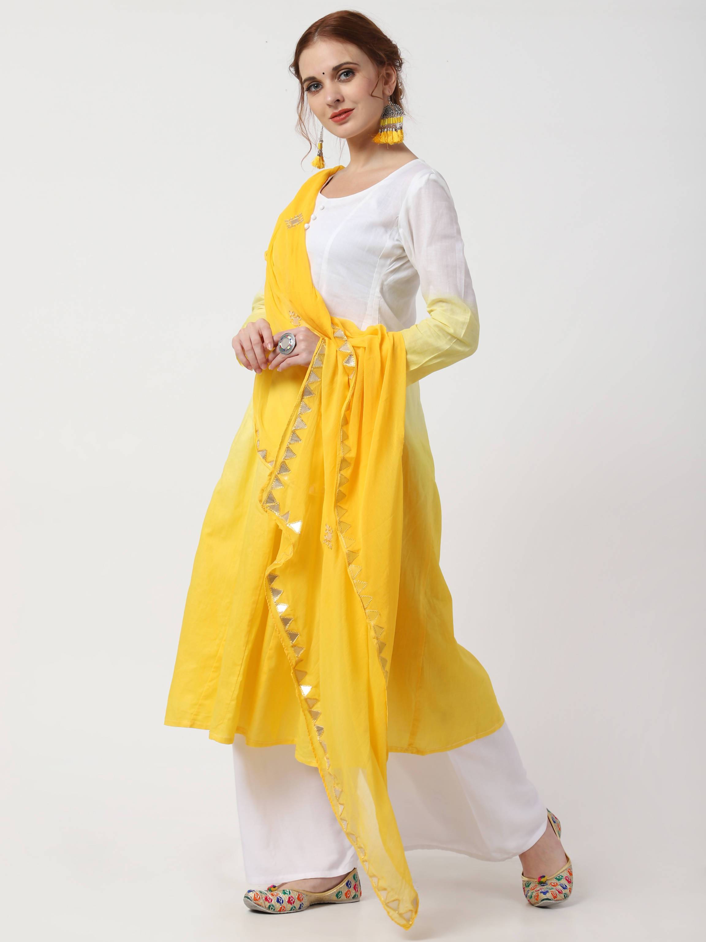 Women's Yellow & White Cotton Double Dyed Ombre Kurta, Palazzo & Dupatta Set  - Cheera