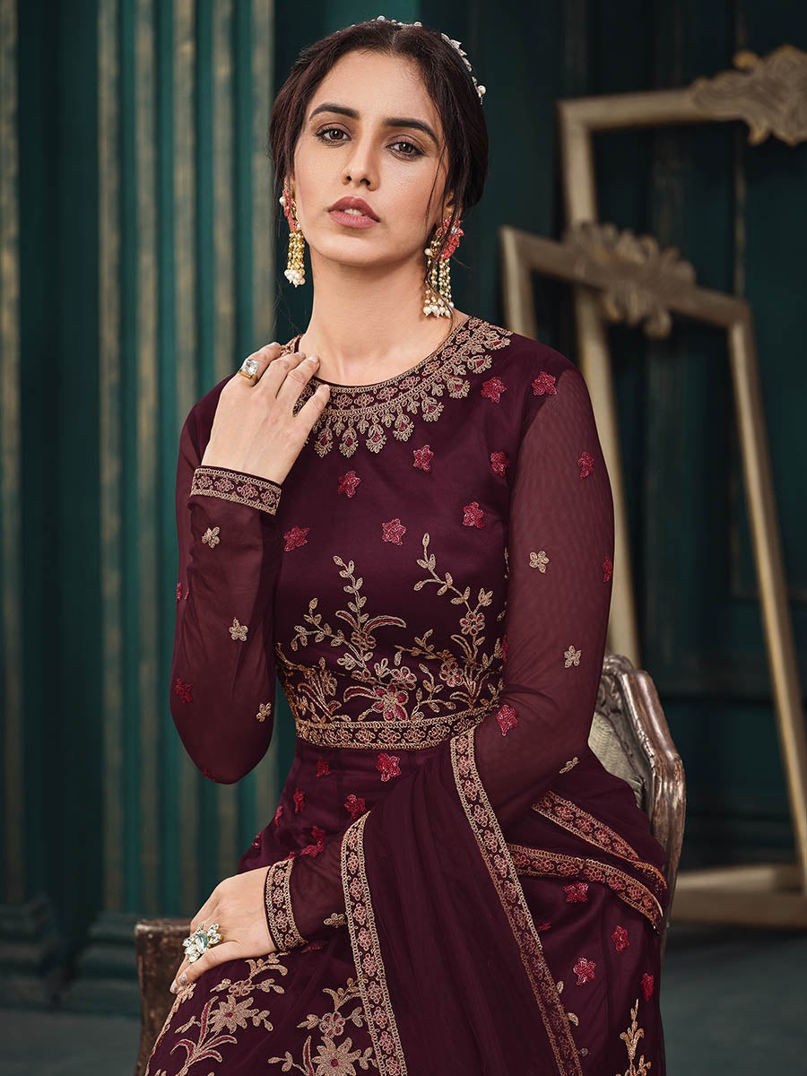 Women's Maroon Heavy Embroidered Party Wear Suit-Myracouture