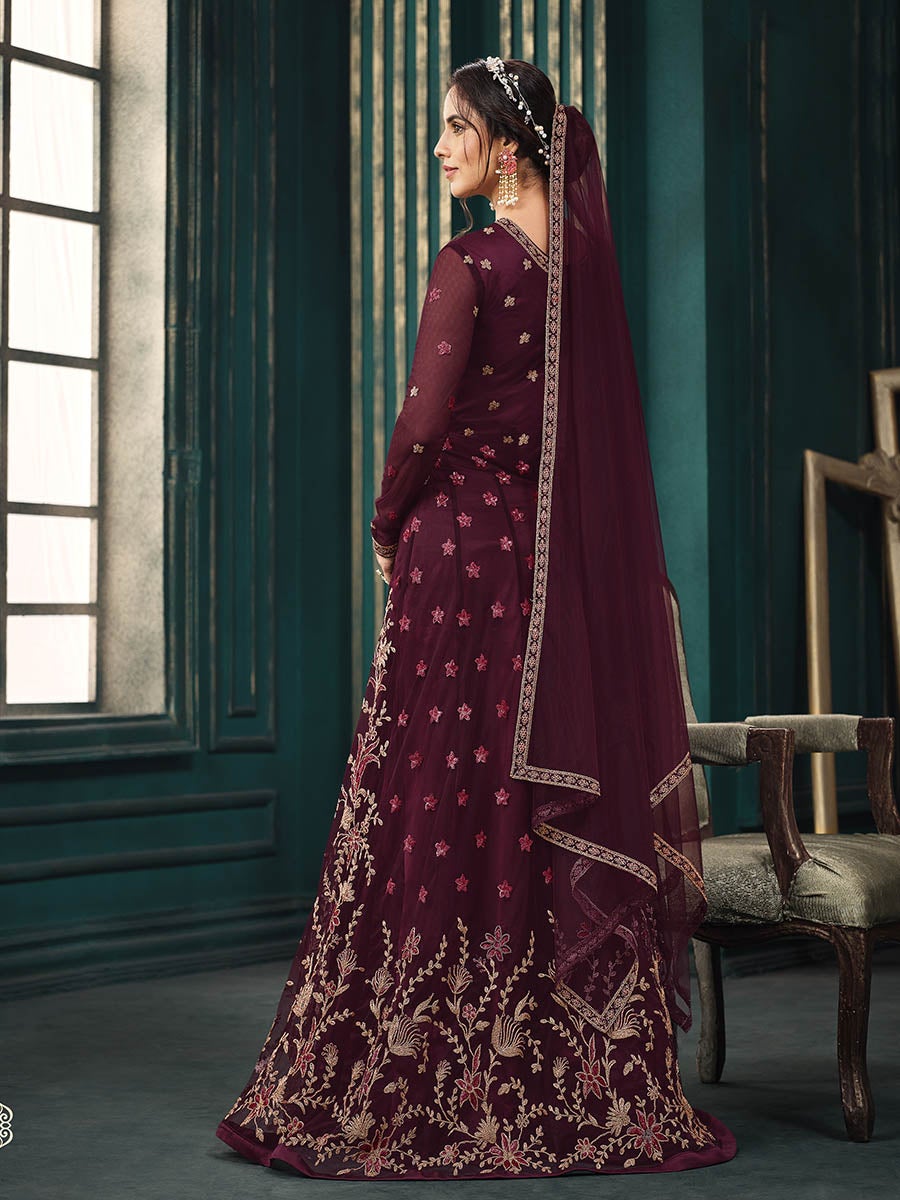 Women's Maroon Heavy Embroidered Party Wear Suit-Myracouture