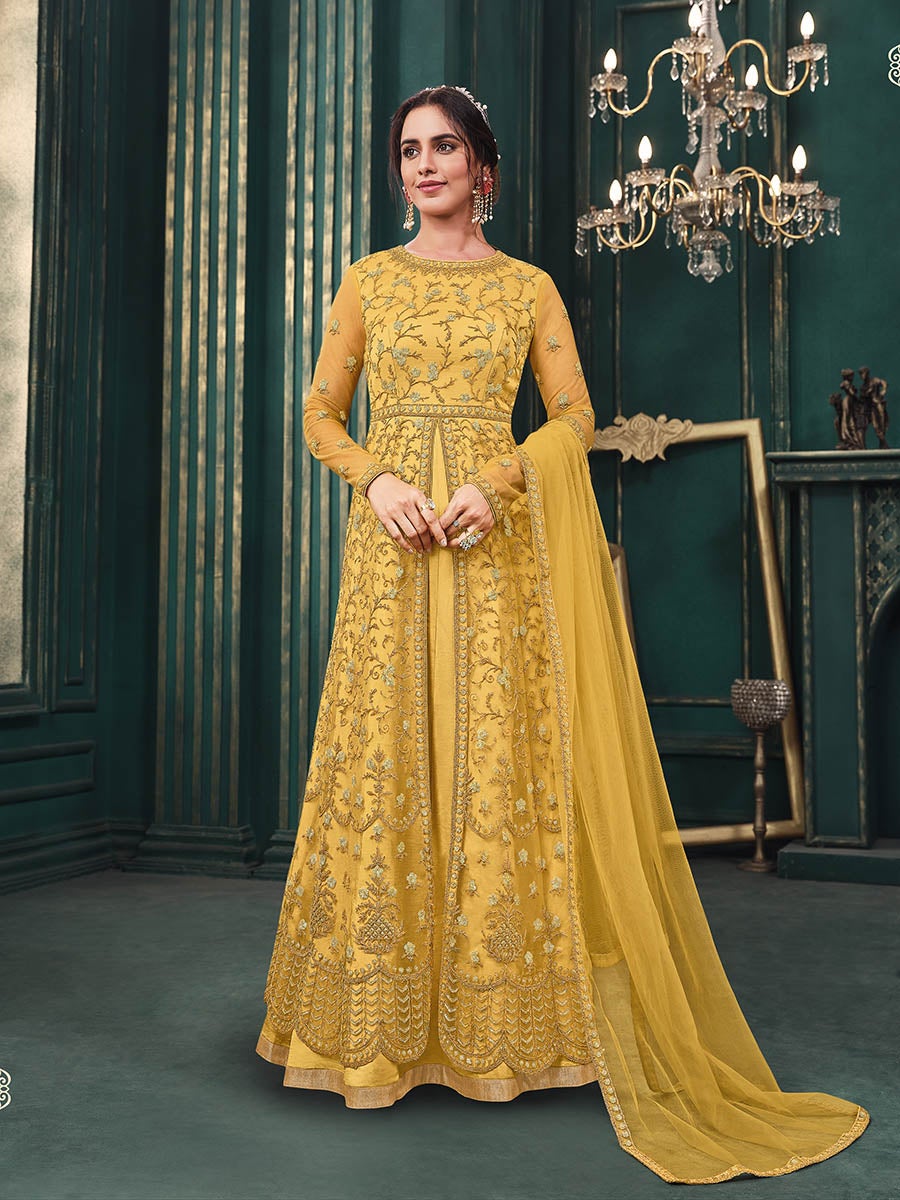 Women's Mustard Yellow Heavy Embroidered Party Wear Suit-Myracouture