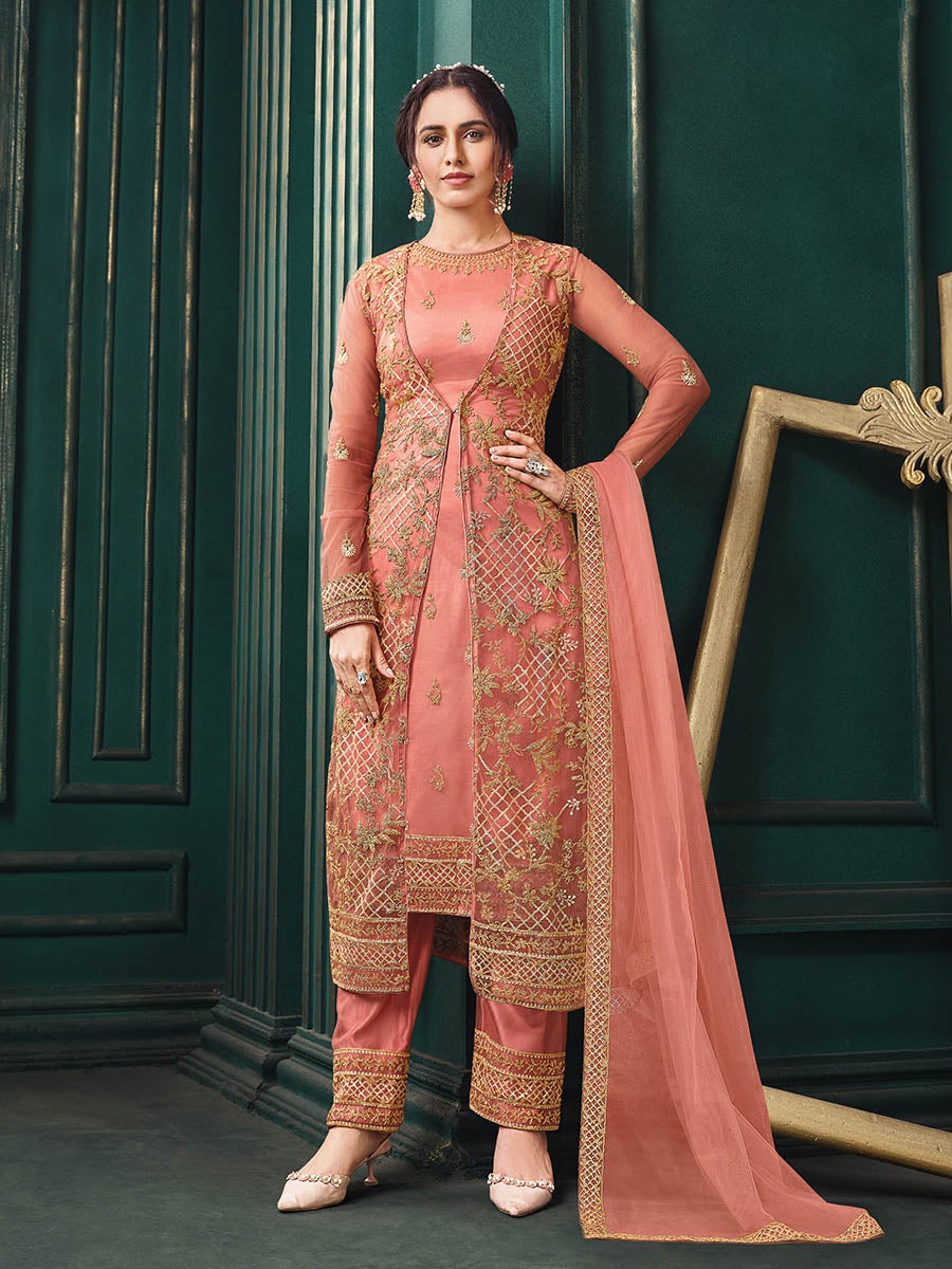 Women's Peach Heavy Embroidered Party Wear Suit-Myracouture