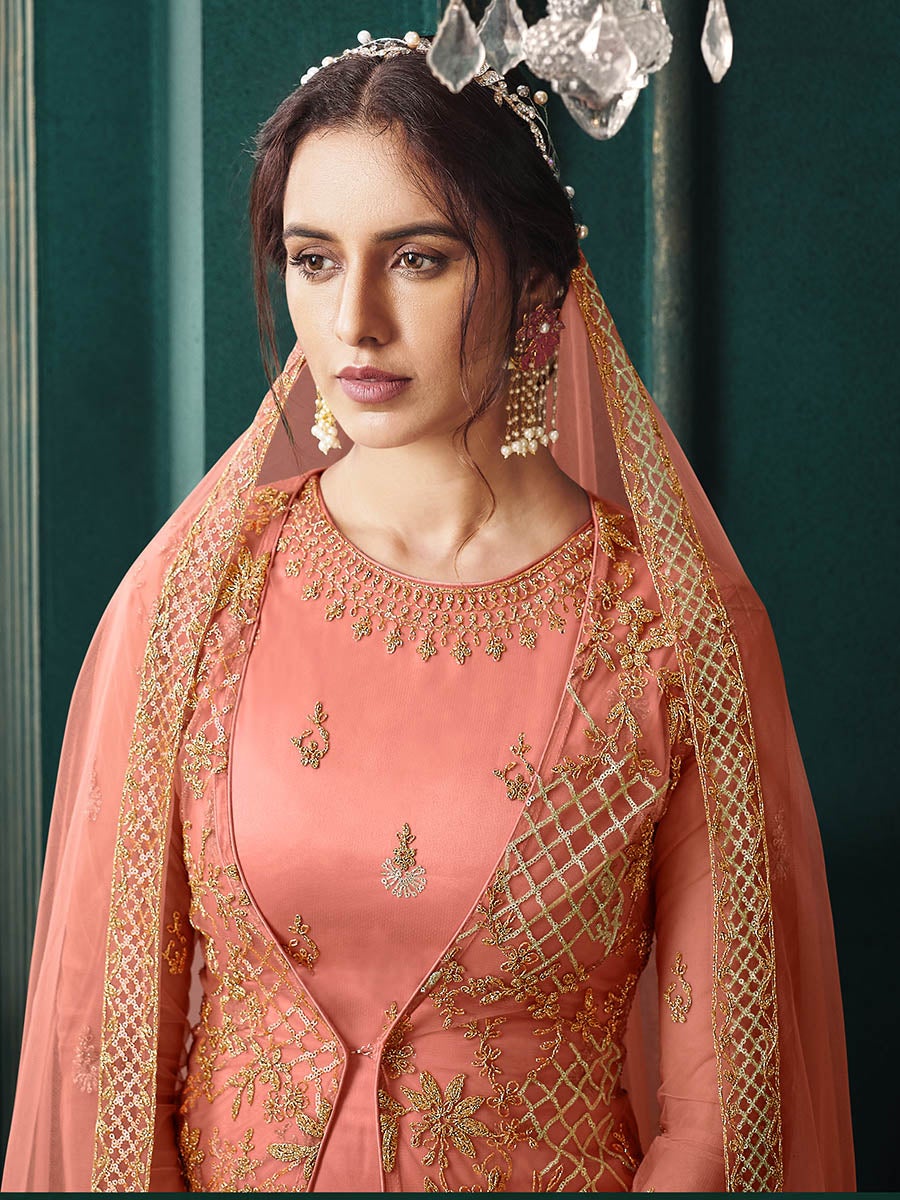 Women's Peach Heavy Embroidered Party Wear Suit-Myracouture