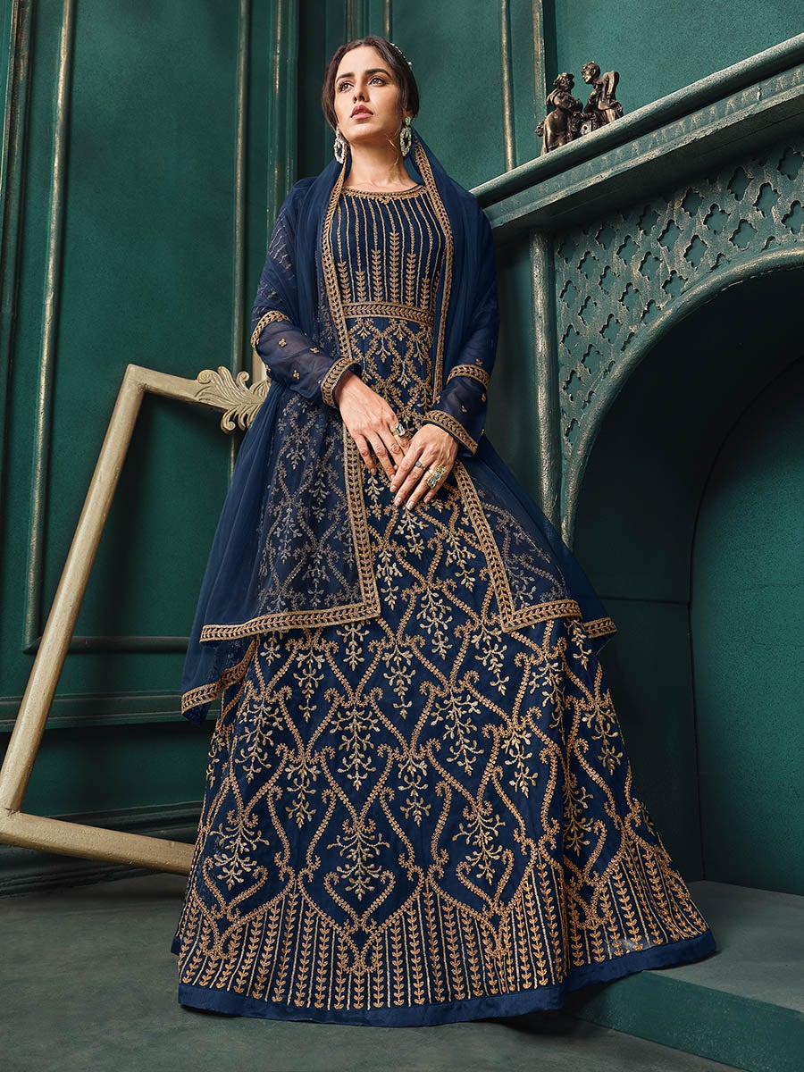 Women's Navy Blue Heavy Embroidered Party Wear Suit-Myracouture
