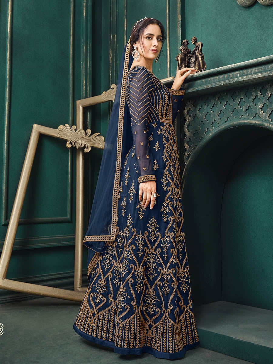 Women's Navy Blue Heavy Embroidered Party Wear Suit-Myracouture