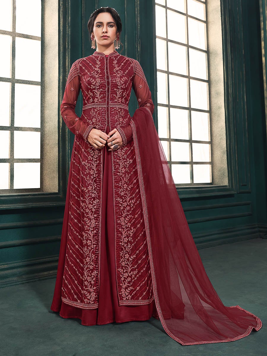 Women's Red Heavy Embroidered Party Wear Suit-Myracouture