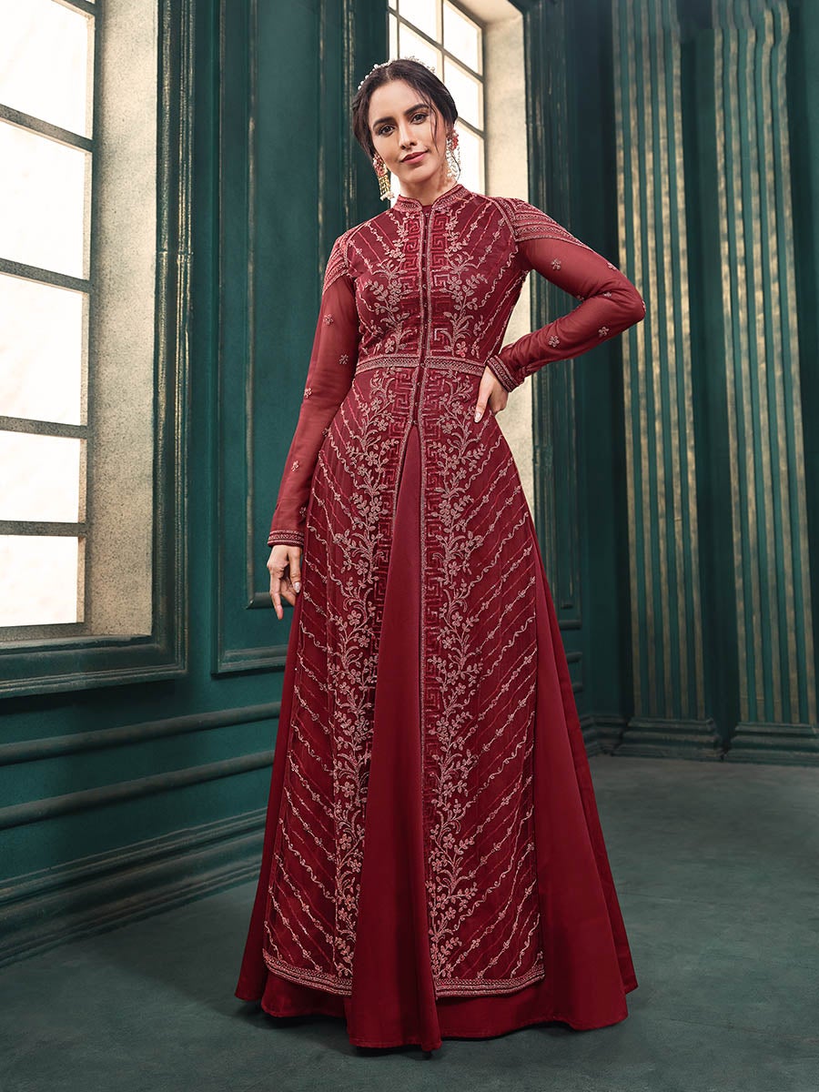Women's Red Heavy Embroidered Party Wear Suit-Myracouture