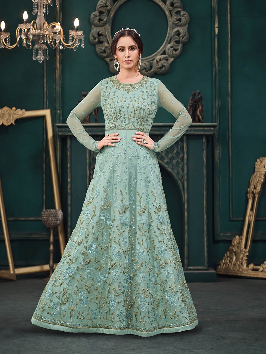 Women's Dusty Sky Blue Heavy Embroidered Party Wear Suit-Myracouture