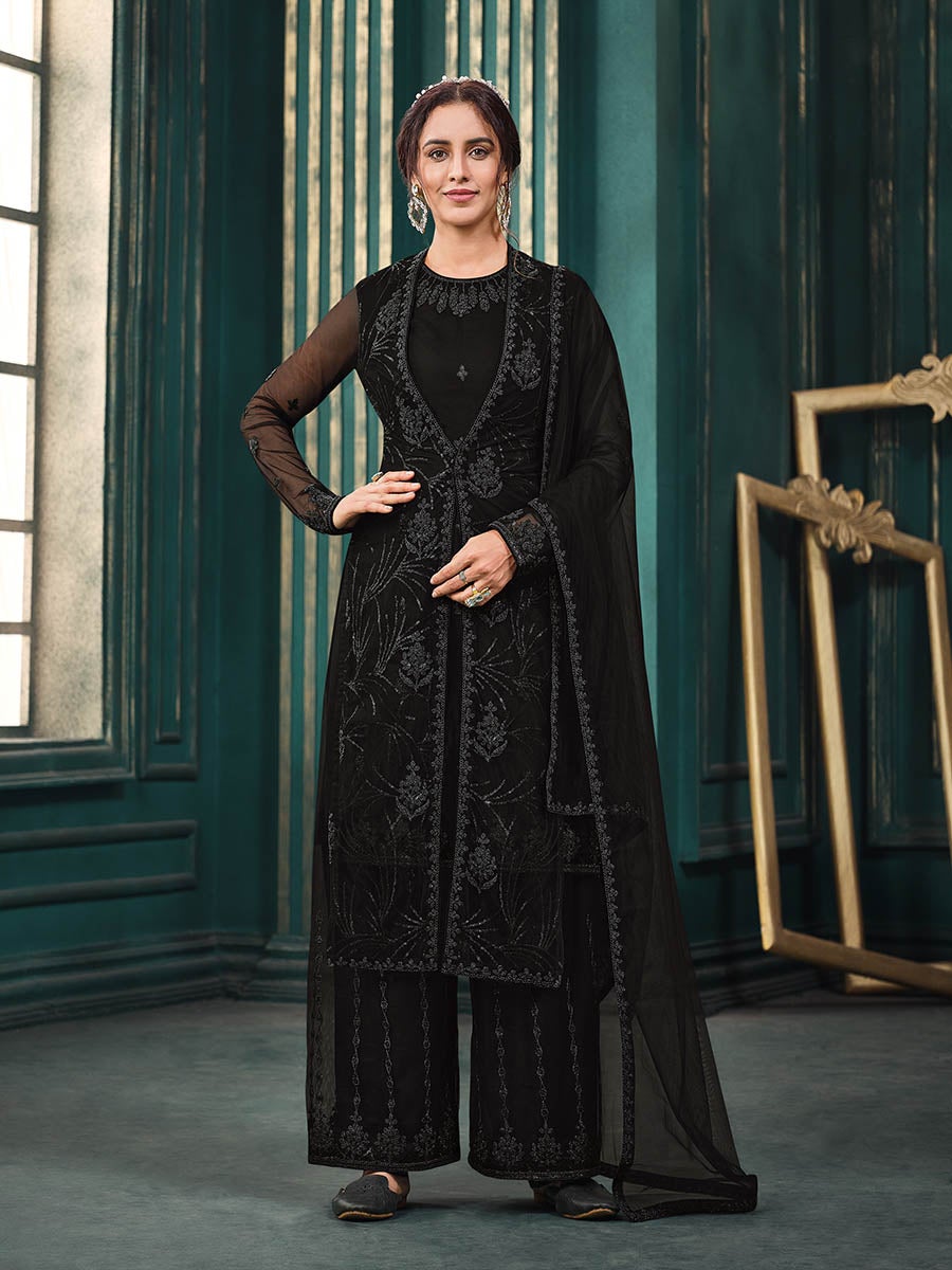 Women's Black Heavy Embroidered Party Wear Suit-Myracouture