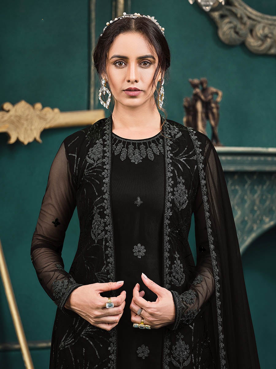 Women's Black Heavy Embroidered Party Wear Suit-Myracouture