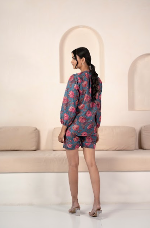 Women's Blue Printed Shirt And Shorts - Saras The Label
