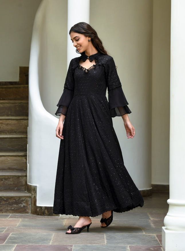 Women's Lucknowi Chikenkari Black Embroidered Gown (1Pc)