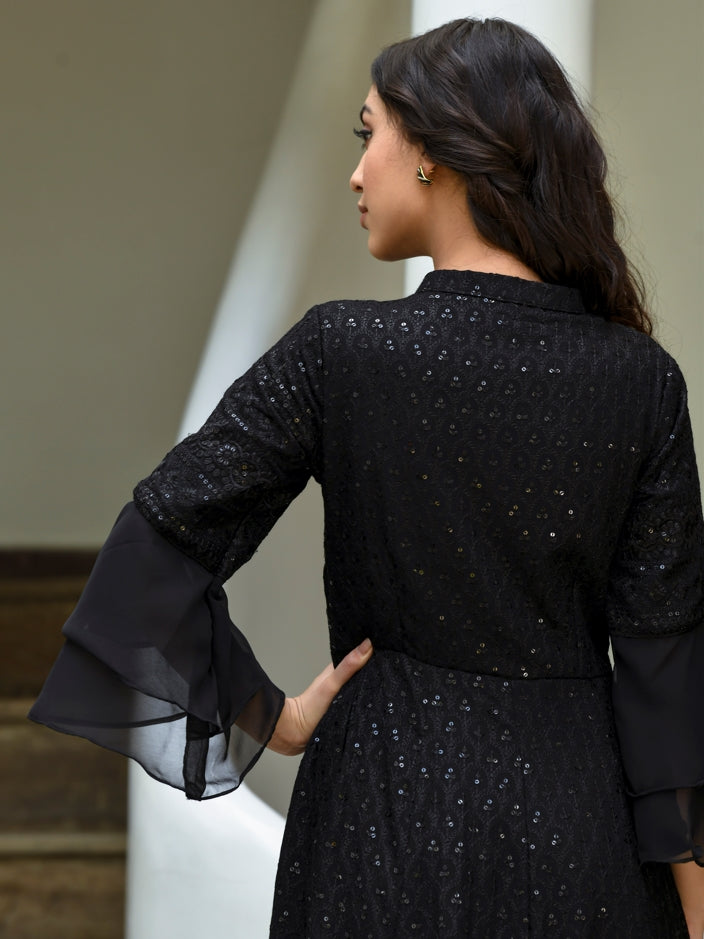 Women's Lucknowi Chikenkari Black Embroidered Gown (1Pc)