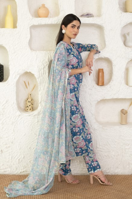 Women's Blue Cotton Floral Prined Kurta With Pant & Dupatta Set By Saras The Label (3 Pc Set)