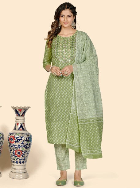 Women's Embroidered Straight Cotton Parrot Green Stitched Kurta Pant With Dupatta - Vbuyz