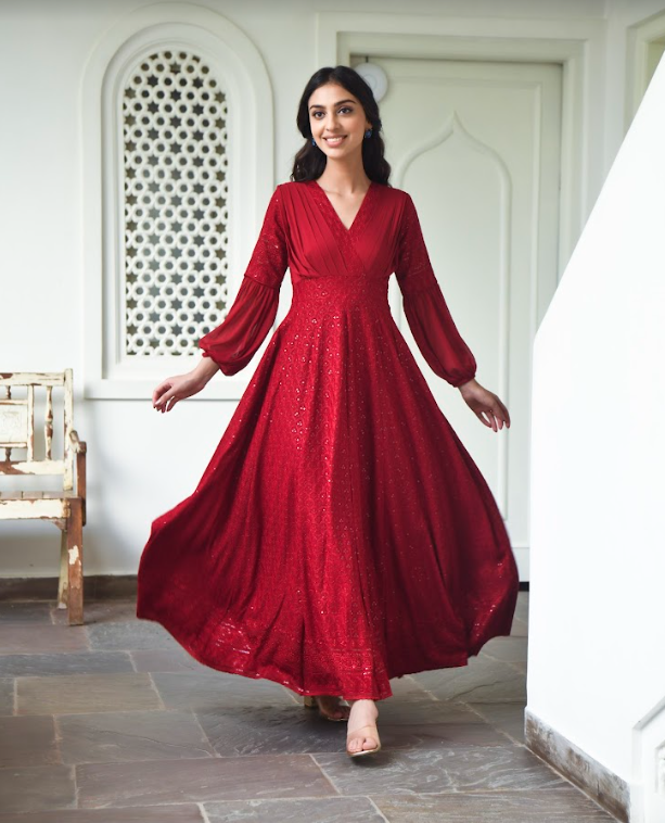 Women's Embroidered Red Gown (1Pc) - Saras The Label