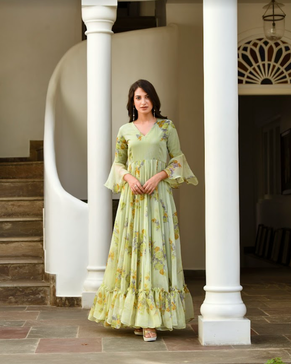 Women's Olive Digital Print Flower Dress (1Pc) - Saras The Label