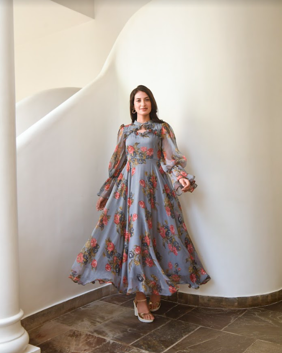 Women's Grey Digital Print Dress (1Pc) - Saras The Label