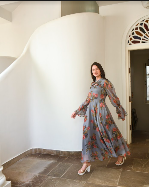 Women's Grey Digital Print Dress (1Pc)