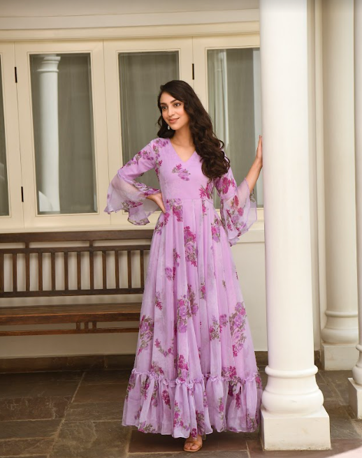Women's Purple Flower Print Dress (1Pc) - Saras The Label
