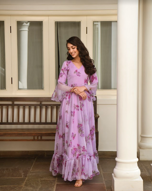 Women's Purple Flower Print Dress (1Pc) - Saras The Label