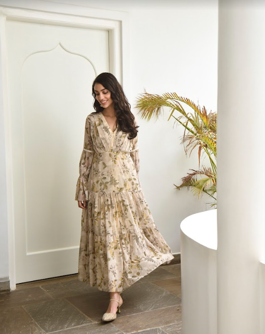 Women's Chiffon Beige Digital Print Gown (1Pc) - Saras The Label