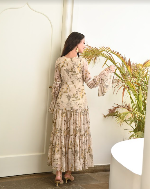Women's Chiffon Beige Digital Print Gown (1Pc) - Saras The Label