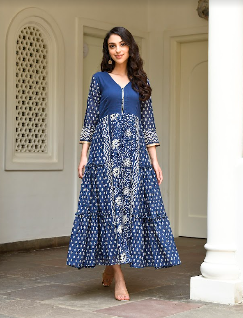 Women's Navy Blue Hand Block Printed Gown (1Pc) - Saras The Label