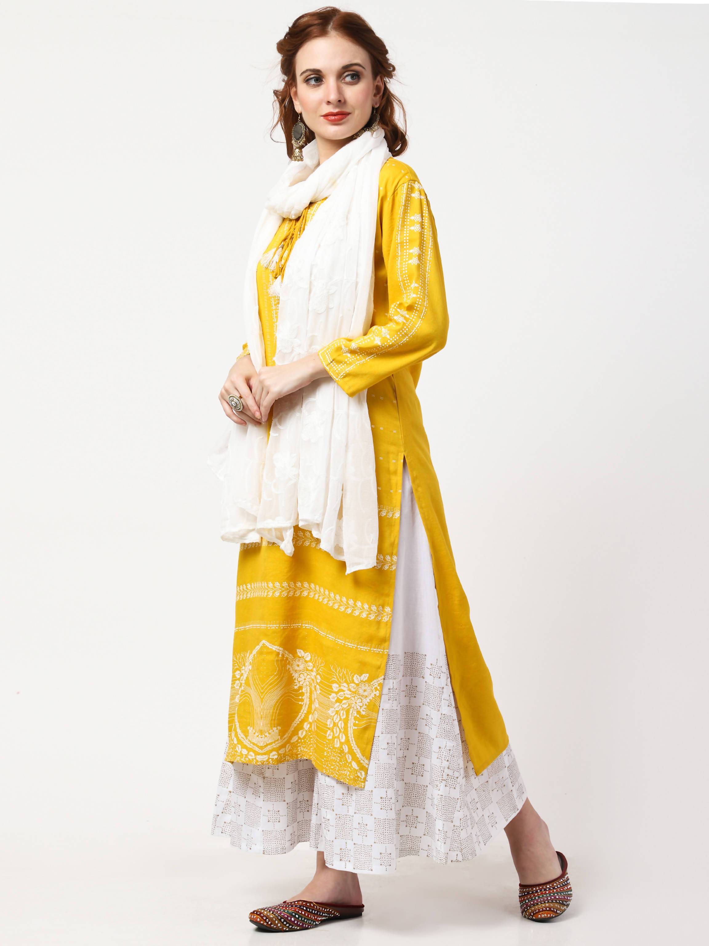 Women's Mustard & White Cotton Kurta With Palazzo & Embroidered Dupatta Set - Cheera