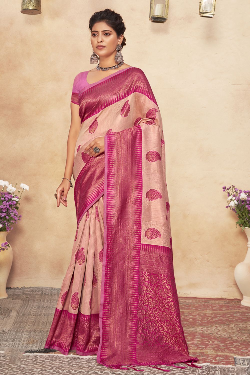 Women's Light Pink Cotton Woven Zari Work Traditional Tassle Saree - Sangam Prints