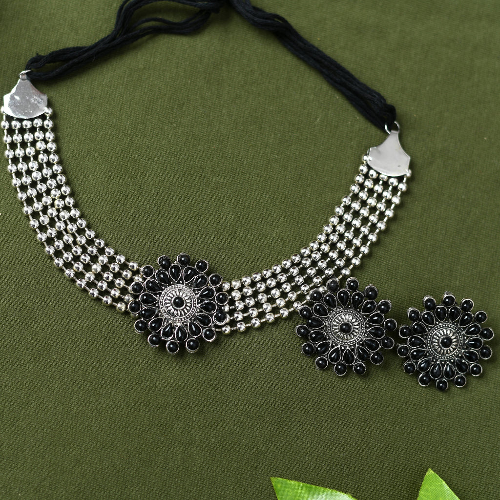 Johar Kamal Oxidised Silver-Plated Black Color Chokar Necklace with Ear